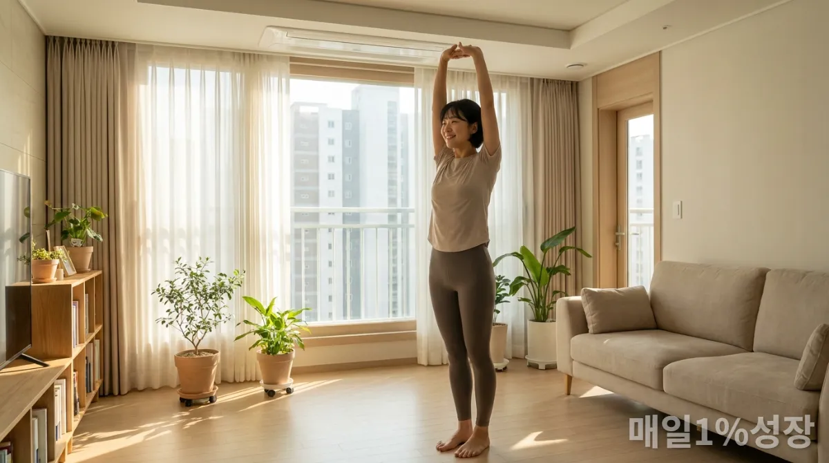 30대 한국인이 햇살 가득한 거실에서 가벼운 아침 스트레칭을 하며 상쾌하게 하루를 준비하는 모습, 현대적인 서울 아파트 거실 배경
