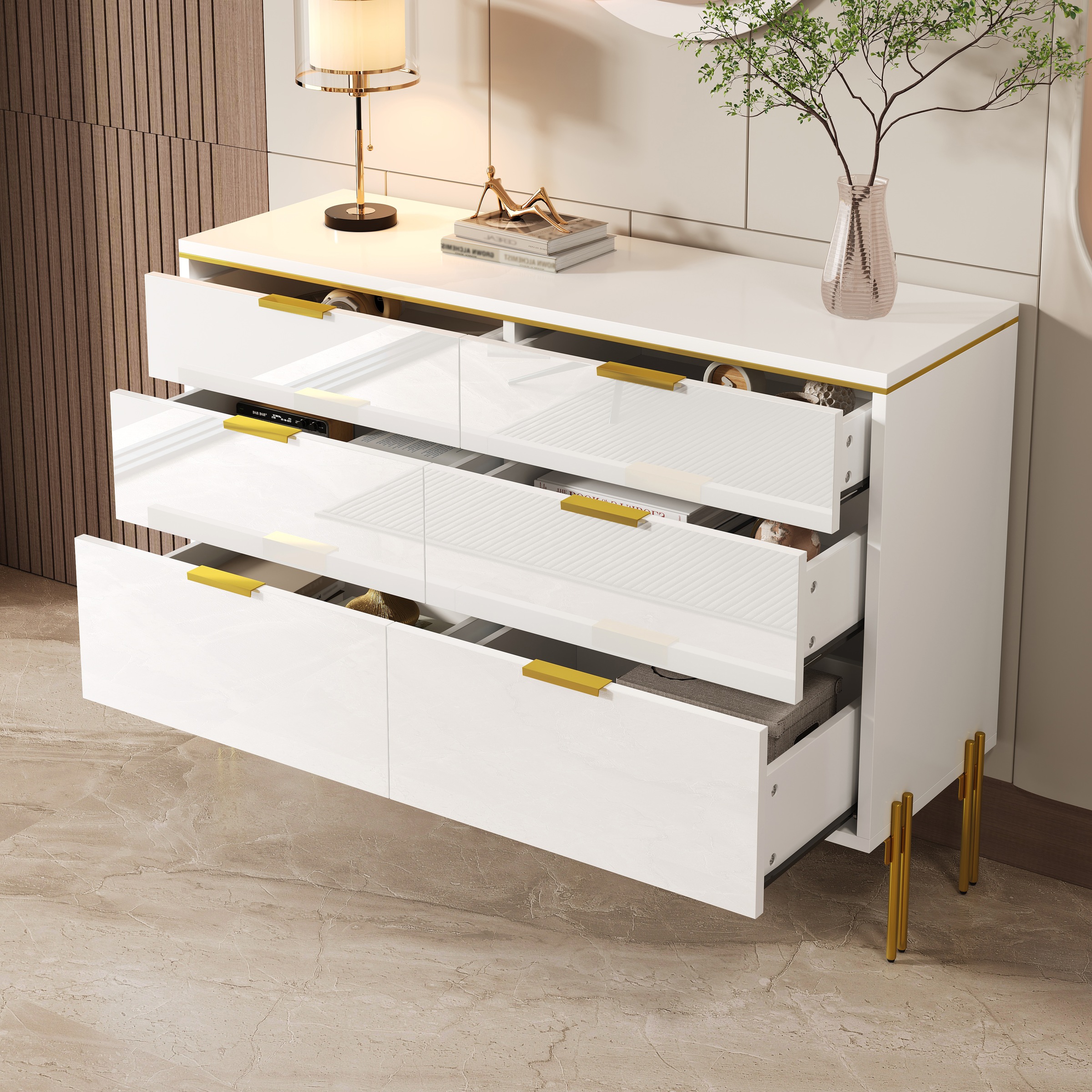 Buffet Blanc, 6 Tiroirs, Rangement, Design Moderne, Structure Robuste - Panneaux de Particules - 120x40x85.5cm 5