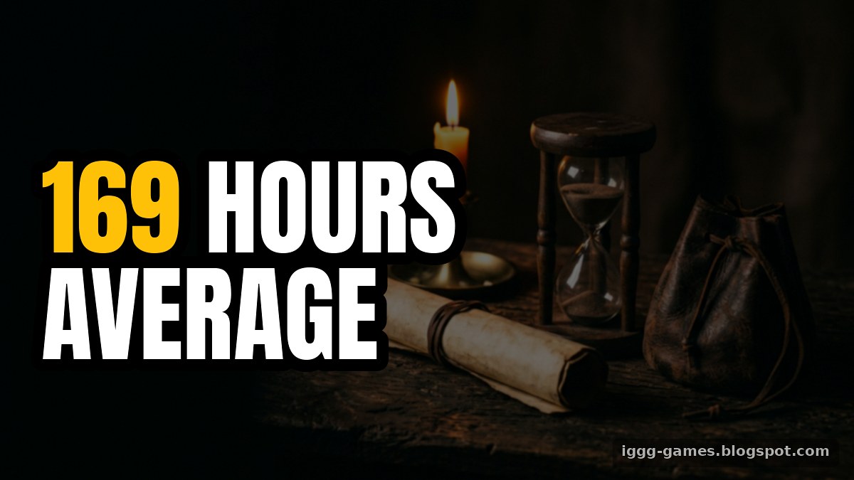 Illustration of an hourglass and scroll with text reading 169 hours average