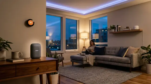 Modern living room at dusk with smart speaker, thermostat, and ambient LED lighting