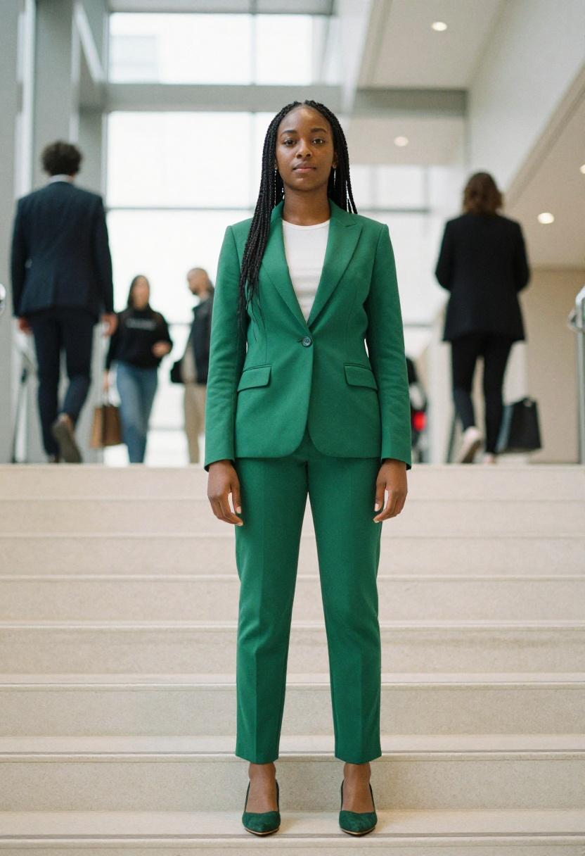 Emerald green pantsuit with matching suede pointed toe flats making a commanding entrance