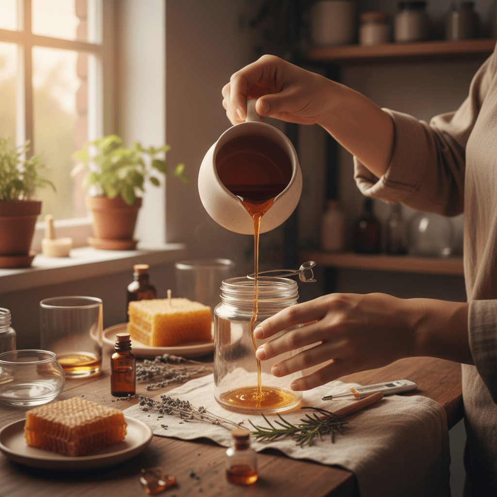 Artisan hands pouring beeswax candle wax with cotton wick and essential oils in a calm candle-making workspace