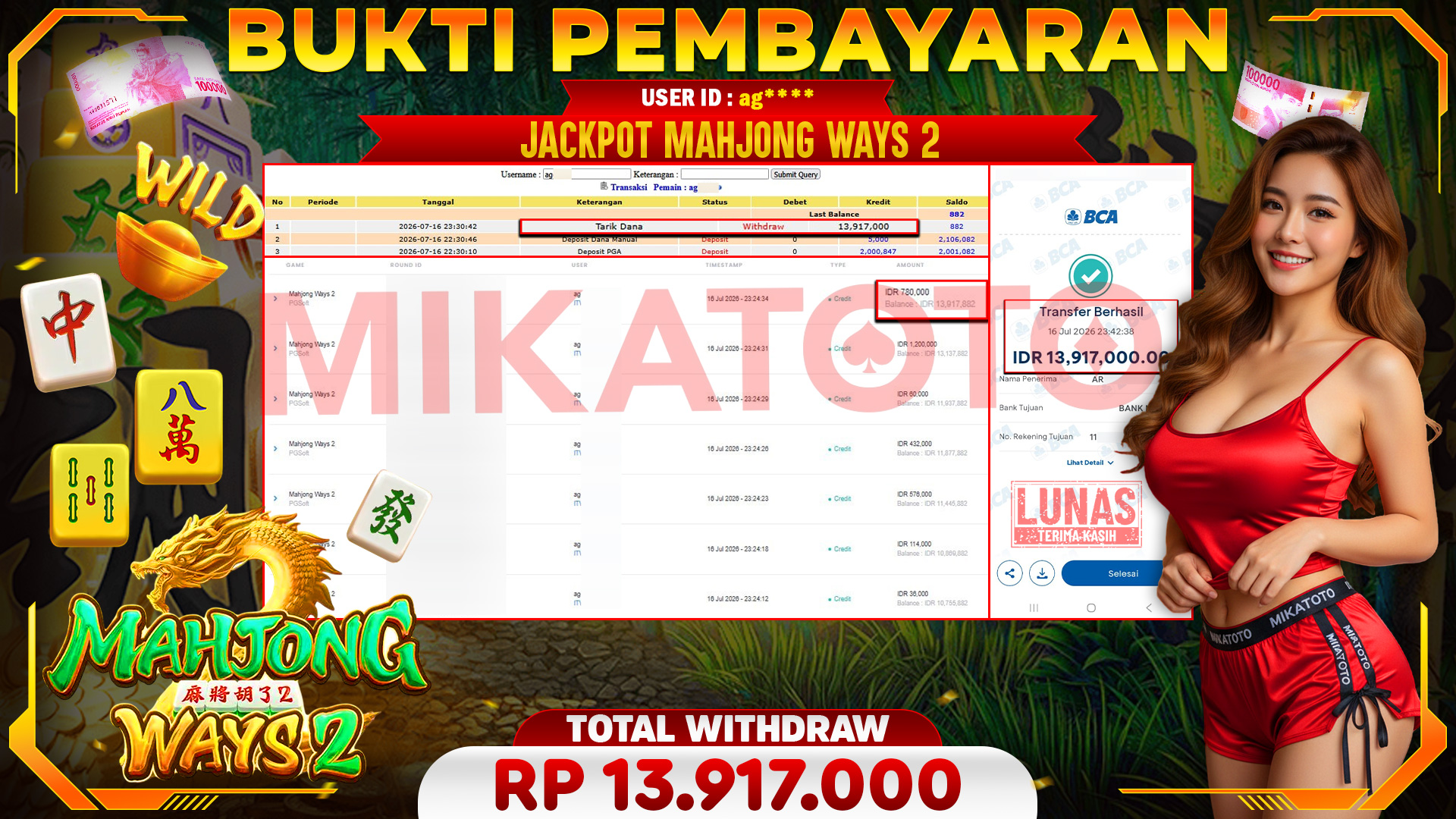 🏆 SELAMAT KEPADA PEMENANG JACKPOT DI Mahjong Ways 2 - PGSoft 13,917,000🏆