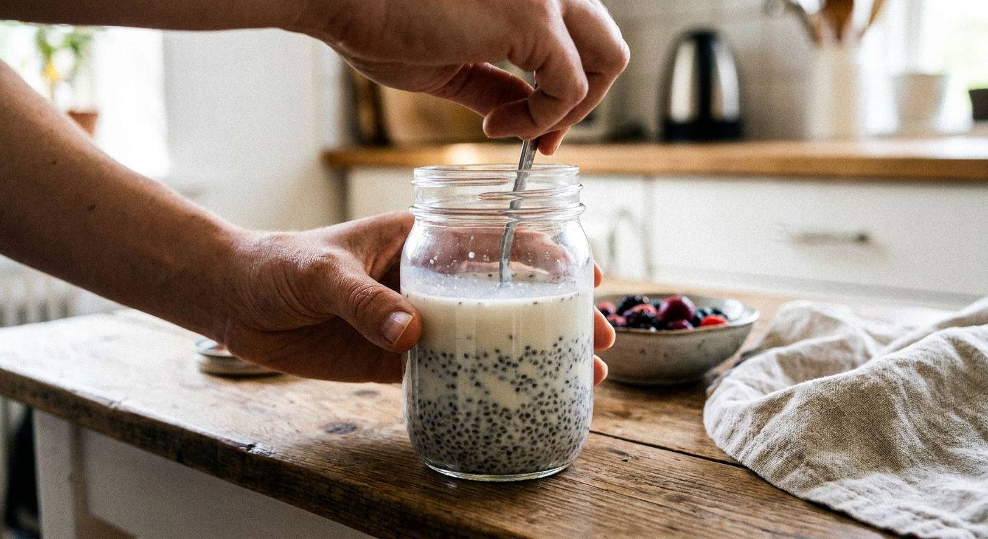Przygotowanie puddingu chia w sloiku.
