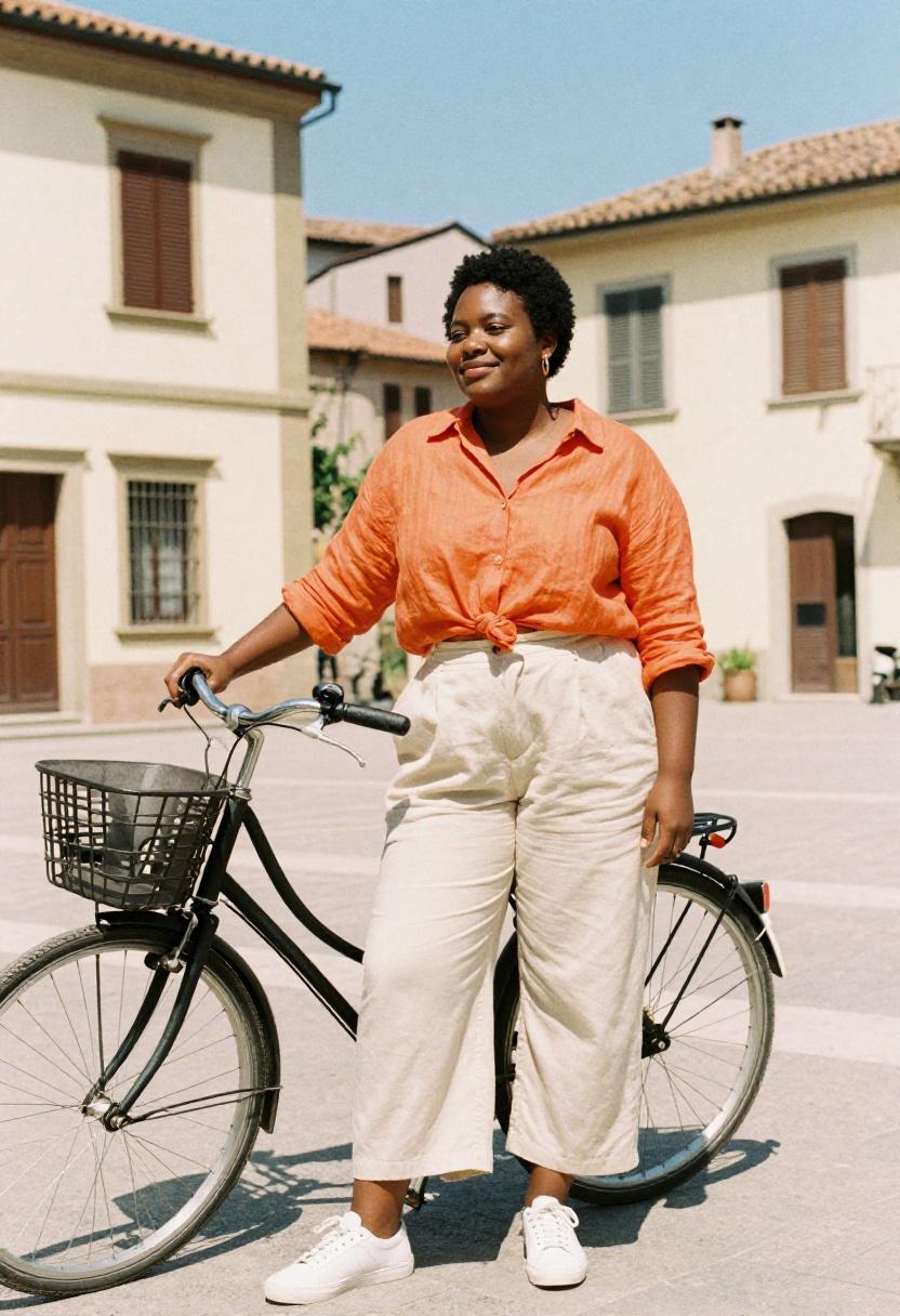 Plus size woman in tangerine linen shirt and wide-leg trousers with white sneakers exploring the city in spring