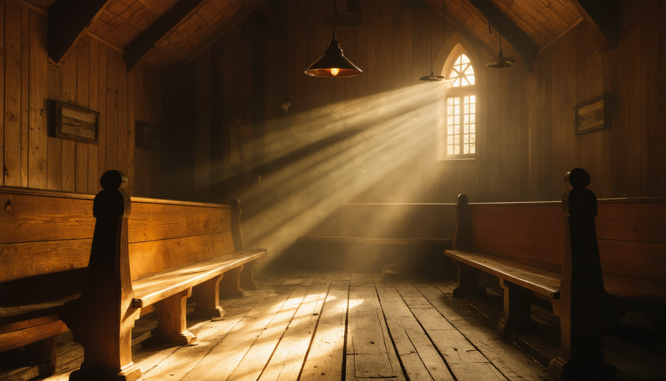 A dimly lit church pew with a single overhead lamp casting a cone of warm light, an empty wooden bench worn smooth by years of use