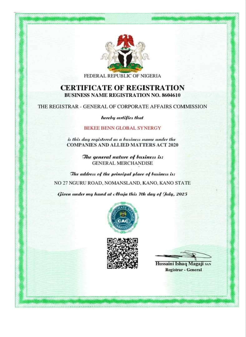 BEKEE BENN GLOBAL SYNERGY CAC Certificate, RC8604610