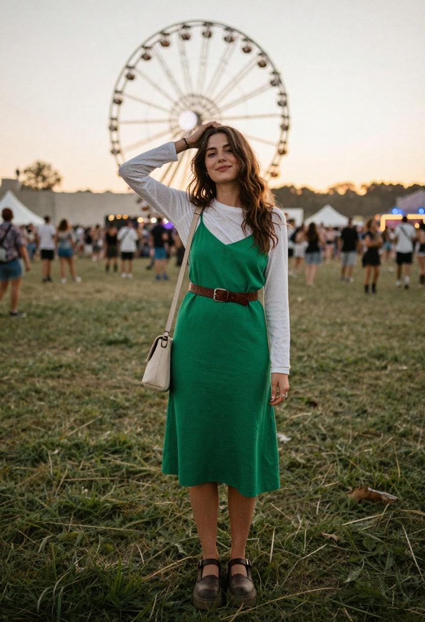 Emerald green slip dress layered over white tee with chunky Mary Janes for indie festival style