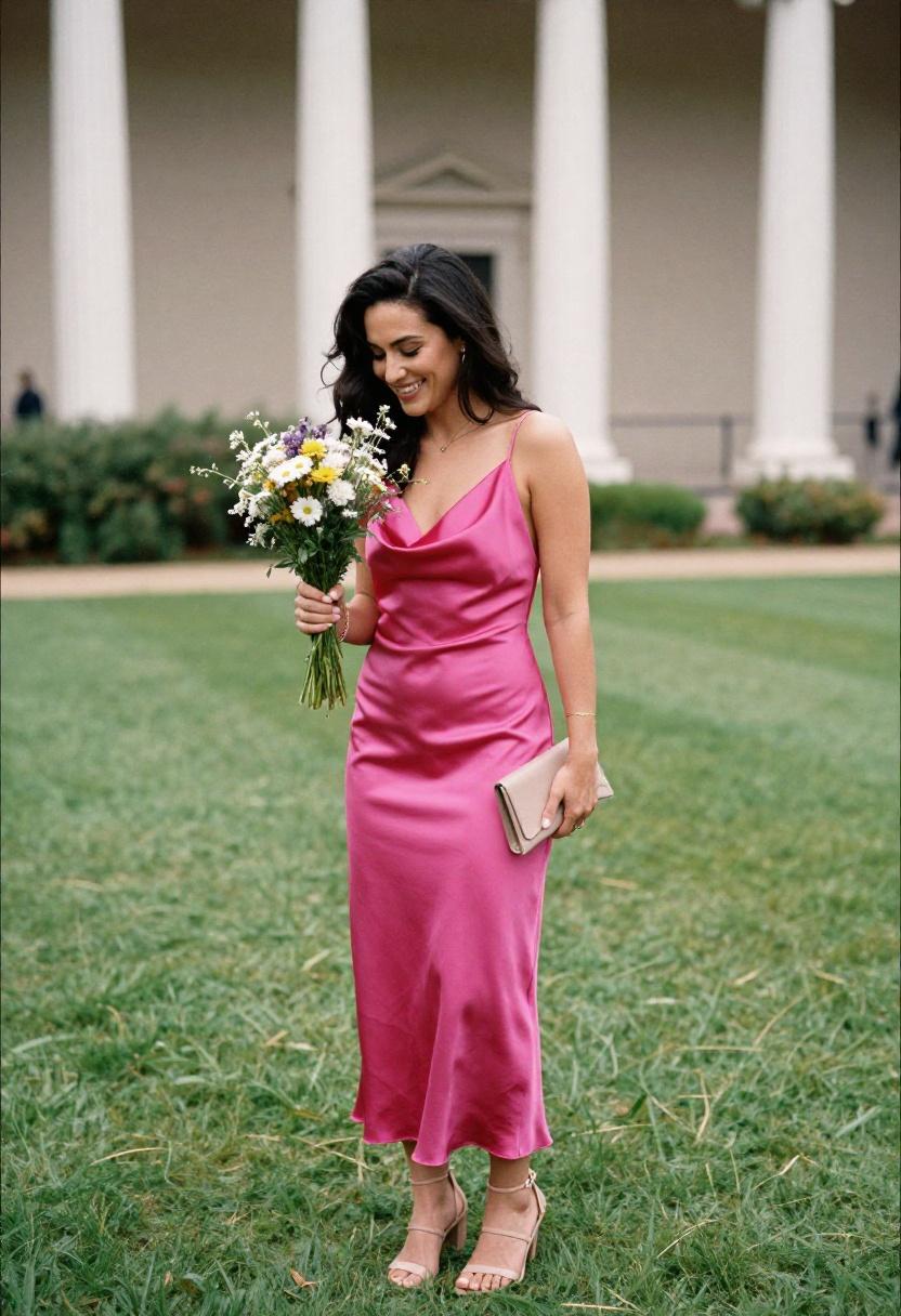 Fuchsia satin cowl-neck slip dress for outdoor wedding celebration