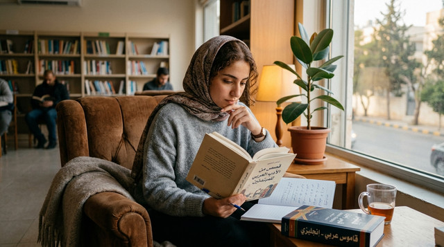 شخص يقرأ كتاباً عربياً لتحسين اللغة العربية في بيئة هادئة ومريحة
