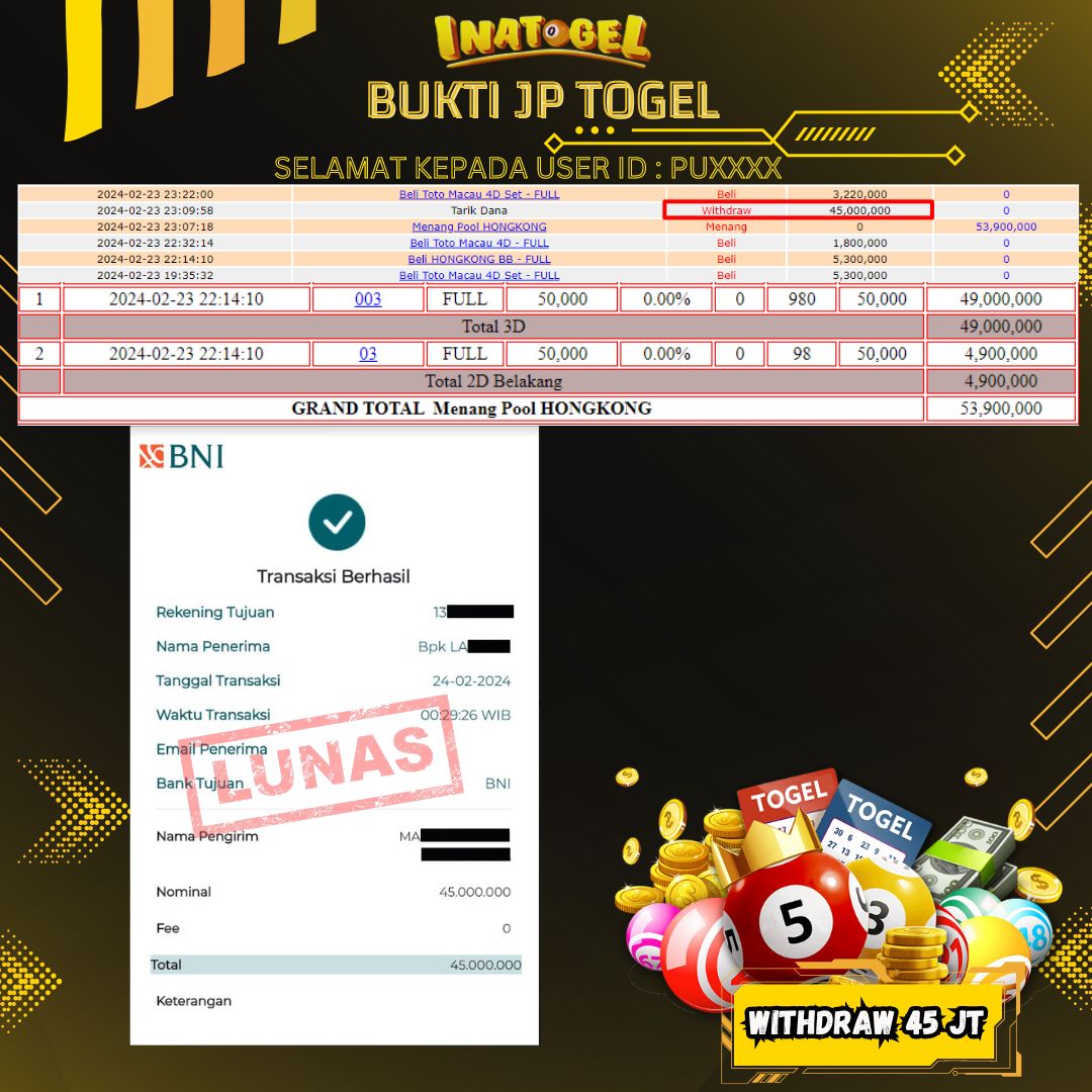 BUKTI PEMBAYARAN JP TOGEL HONGKONG Rp45,000,000,- LUNAS
