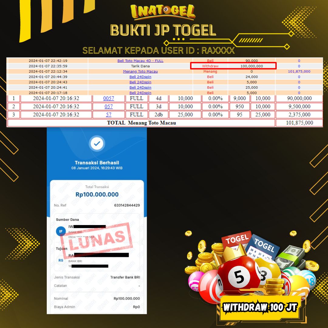 BUKTI PEMBAYARAN JP TOGEL TOTO MACAU Rp100,000,000,- LUNAS