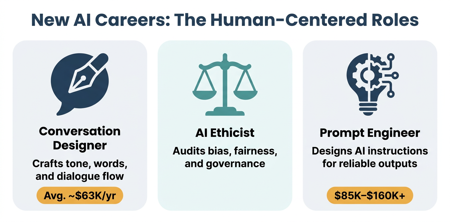 Three-column role comparison infographic highlighting new human-centered AI careers: Conversation Designer, AI Ethicist, and Prompt Engineer with salary ranges — The Zulu Method