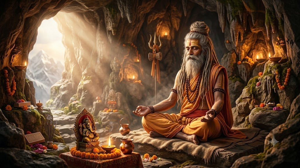 गुफा में ध्यान लगाते साधु का शांत और आध्यात्मिक दृश्य