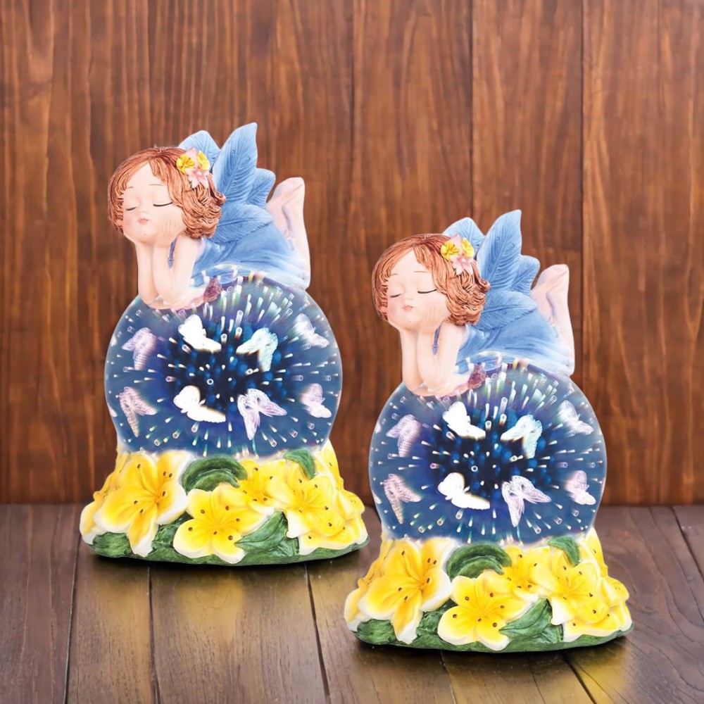 2-PC Gift Set 7.5″H Fairy with Flowers Optic Globe with LED Light Figurine