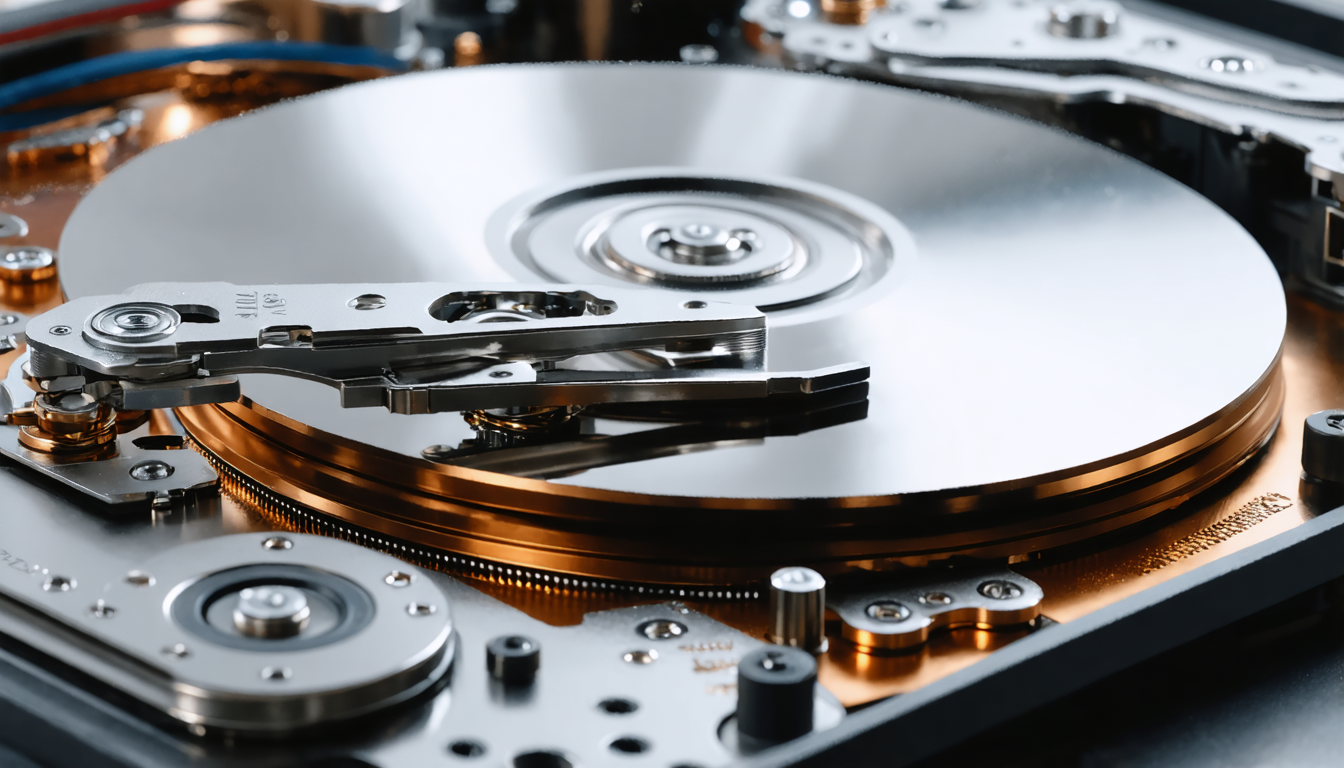 Extreme close-up of a mechanical hard drive interior, the read head arm poised over a mirrored platter, cool light.