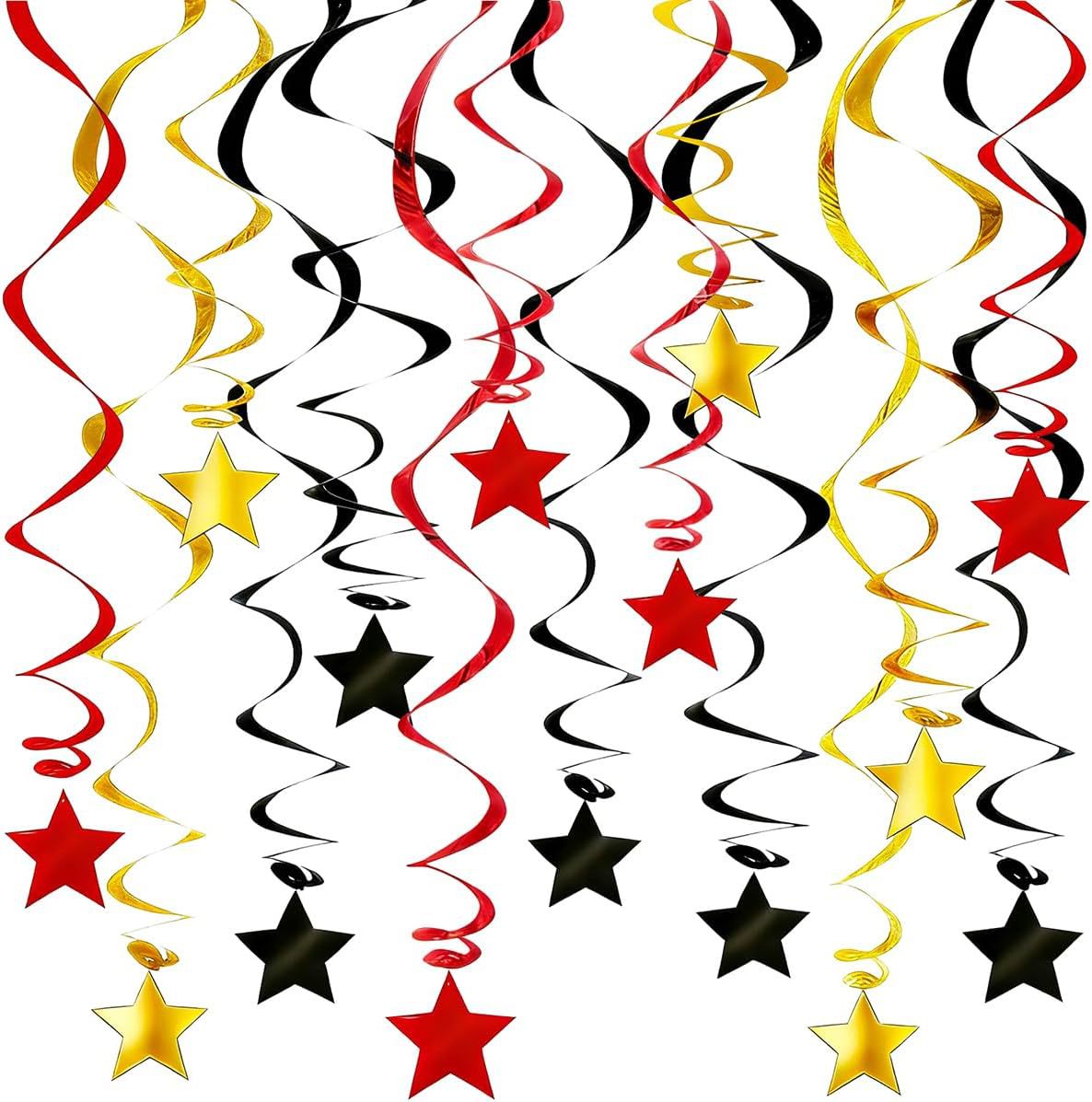 30-Piece Set for Golden and Red and Black Star Spiral Hanging Decorations - Birthday, Wedding, Graduation, and Party Ceiling Decoration - Festive Swirl Streamers, Easy Hang Party Supplies