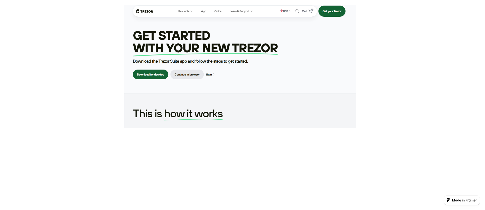 Forensic screenshot of trezzr-login.framer.ai showing the phishing page layout