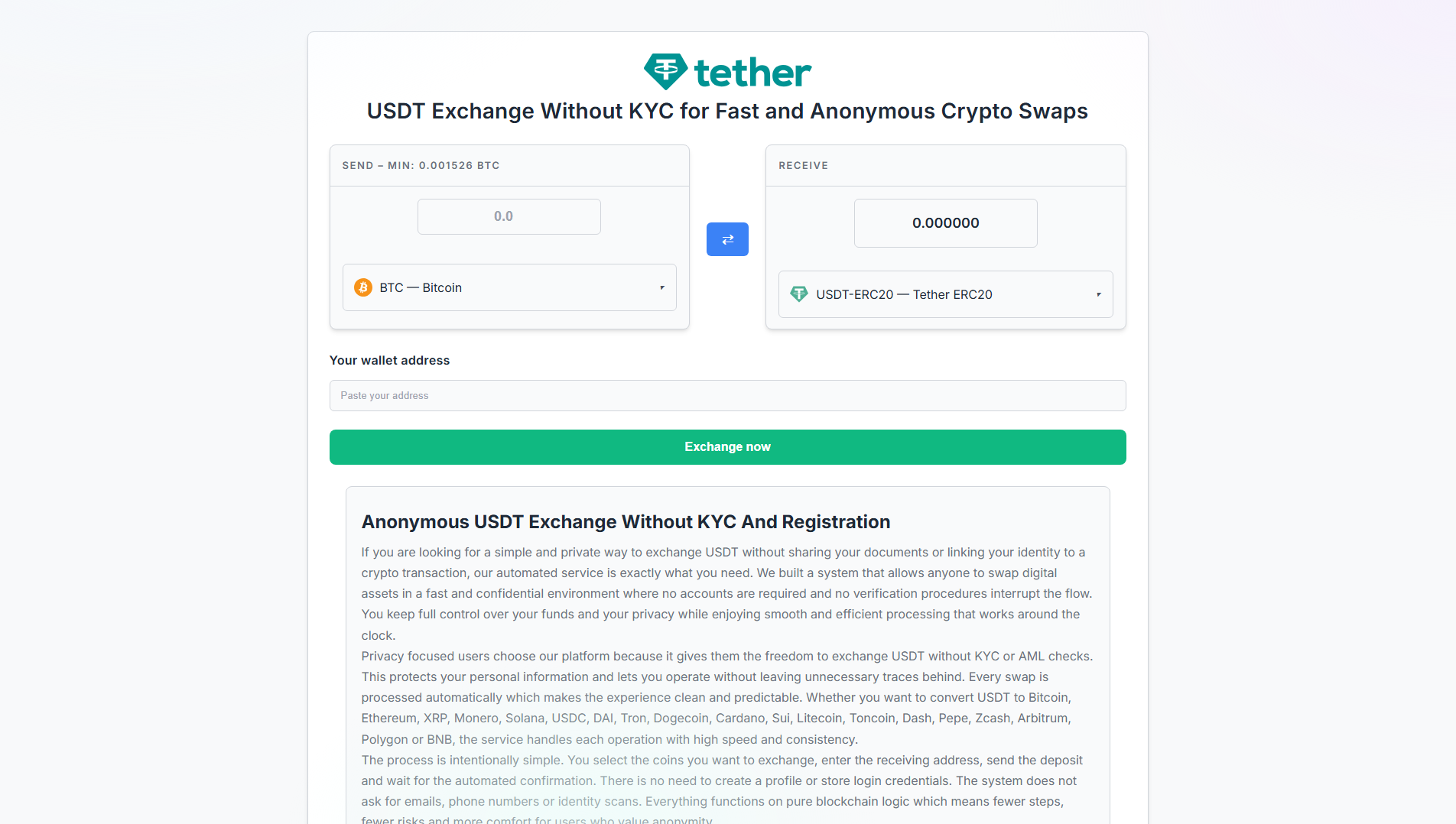 Forensic screenshot of usdt-change.com showing the phishing page layout