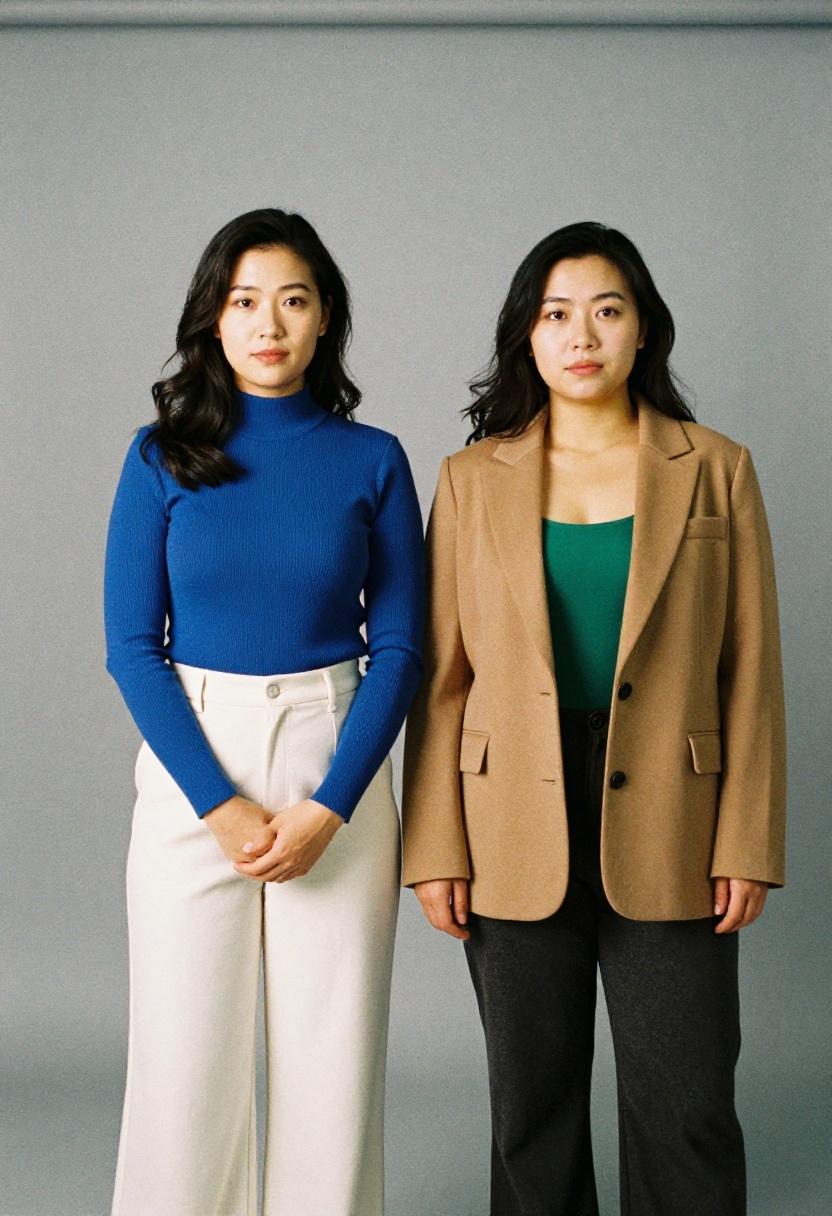 Two East Asian professionals in coordinated cobalt blue and emerald mock neck top outfits photographed in a clean studio