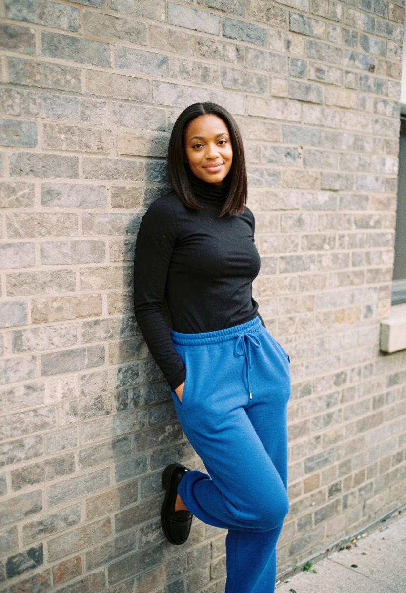 Electric blue oversized sweatpants with turtleneck leaning against wall cool street style
