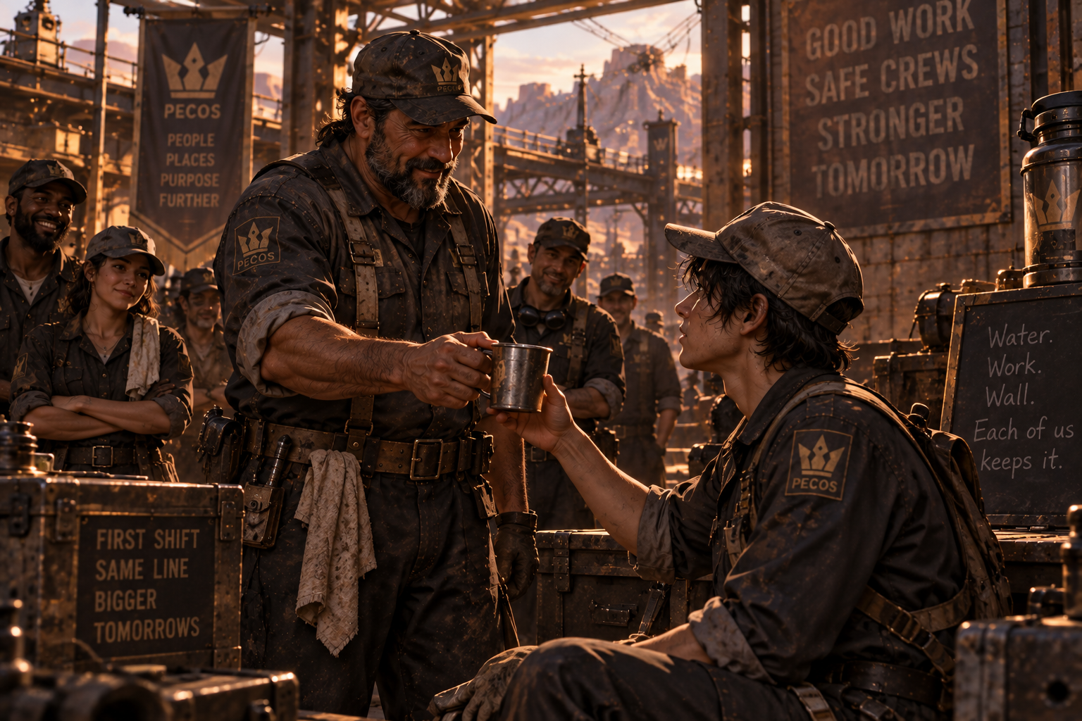 A senior Pecos worker offering water to a new crew member before their first shift