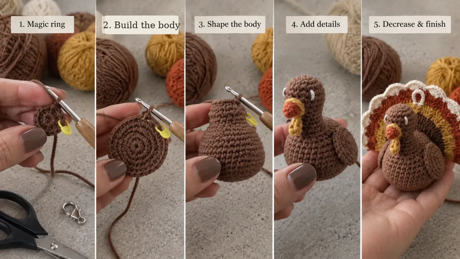 Five-stage crochet turkey ornament process from magic ring to finished stuffed turkey with fan tail