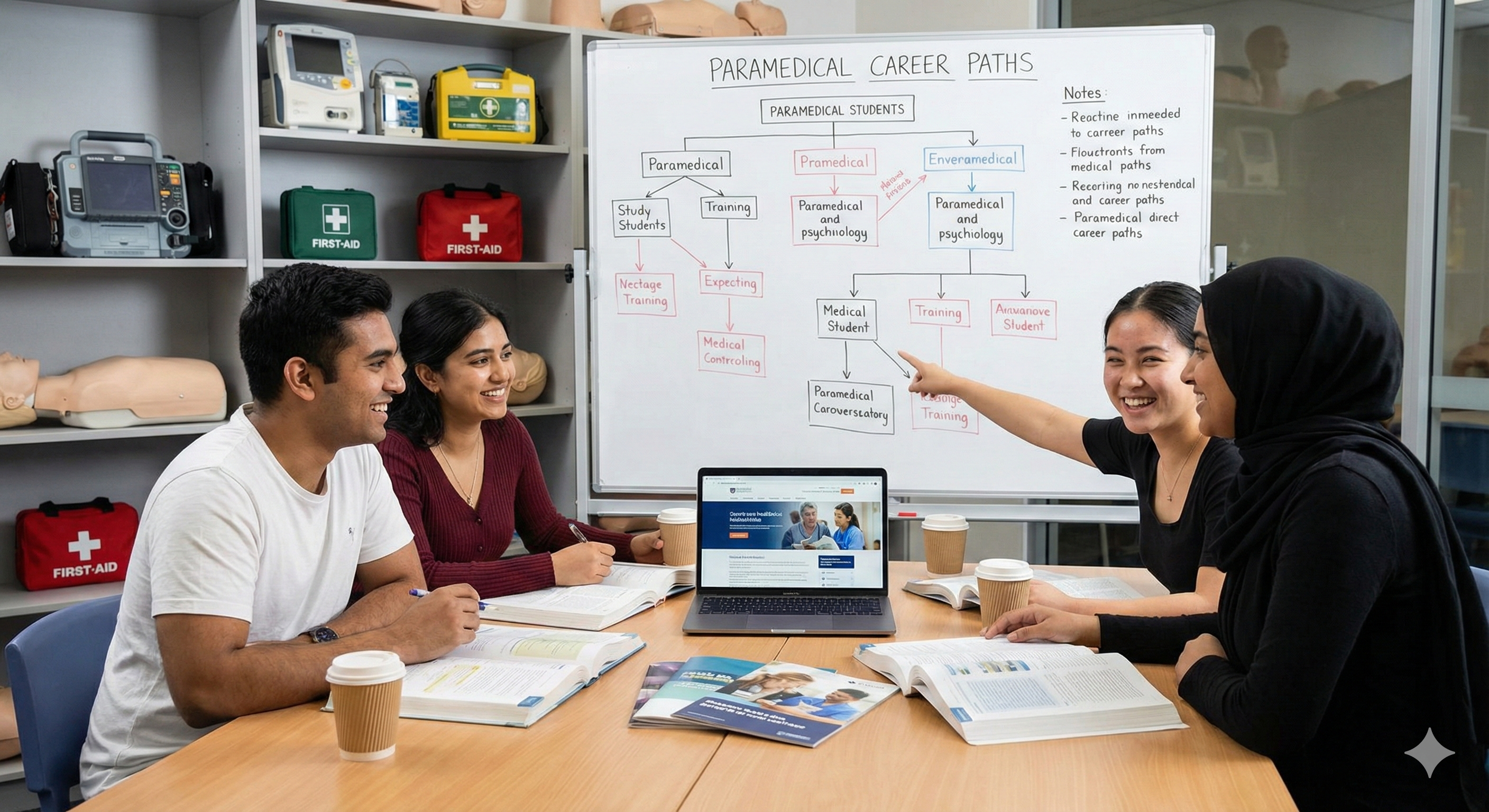 Students planning paramedical career with medical equipment in background