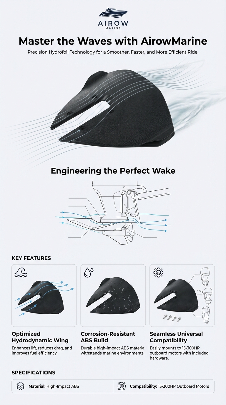 Detailed vertical infographic for Airow Marine Hydrofoil showing hydrodynamic wing features, corrosion-resistant ABS build, and 15-300HP universal compatibility.