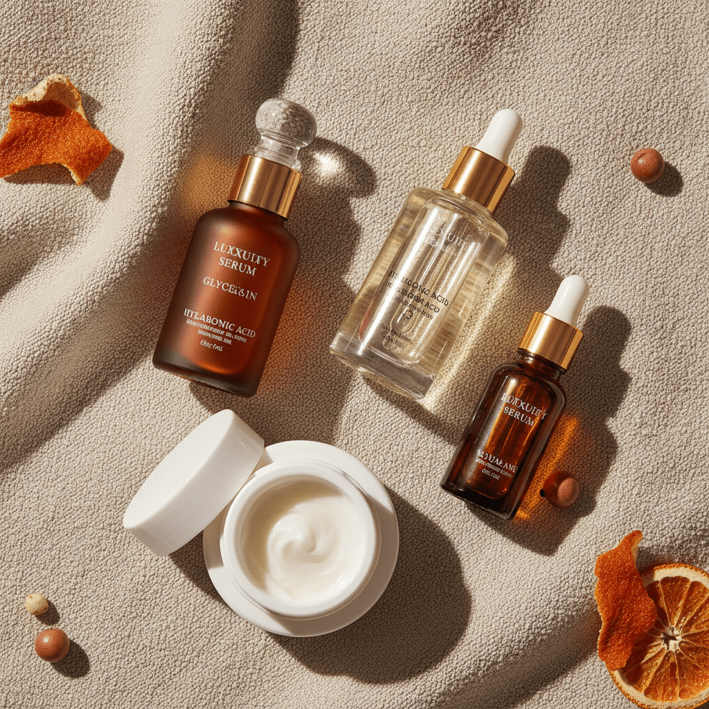 Luxury flat lay comparing glycerin, hyaluronic acid, squalane, and ceramides