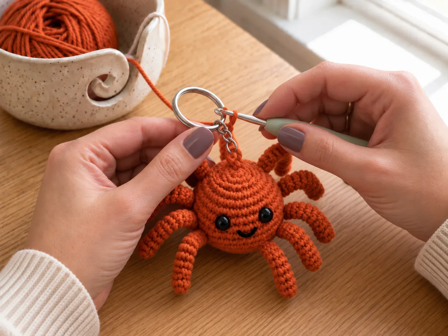 Attach the loop — Secure a hanging loop and clip on the keyring or clasp.