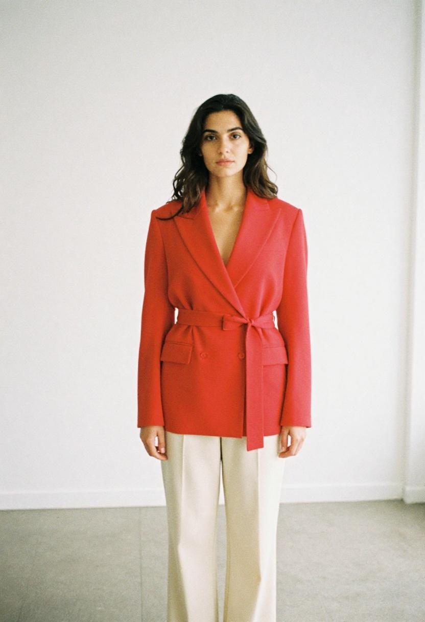 Crimson wide belt over cream blazer and trouser set for a sharp power office look
