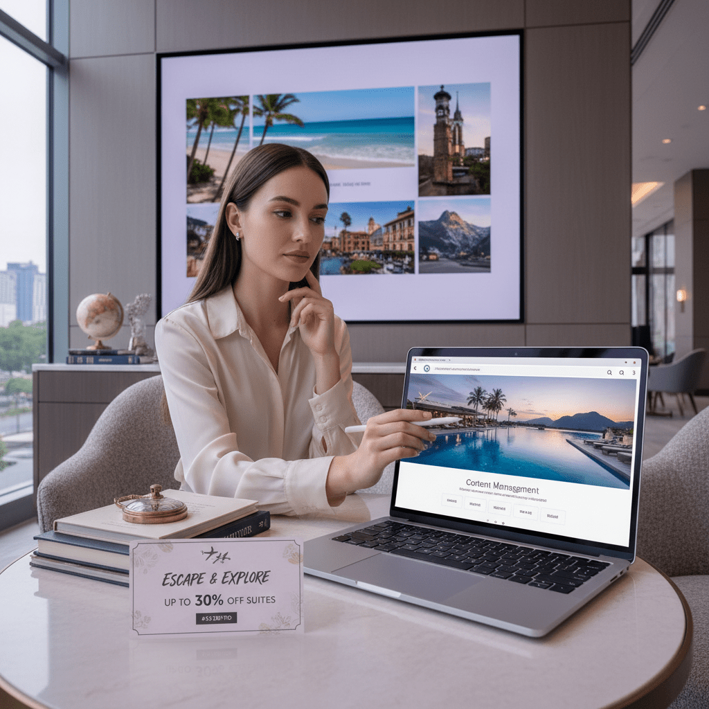 Instagram hotel promotion campaign setup with offer creative, ad dashboard, and travel visuals