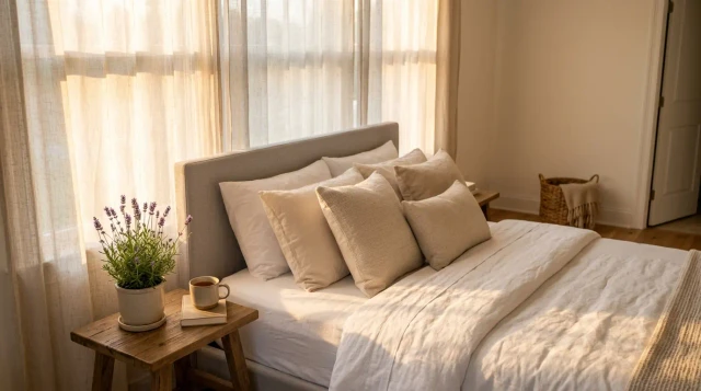 Peaceful bedroom bathed in golden evening light with white linens and lavender plant