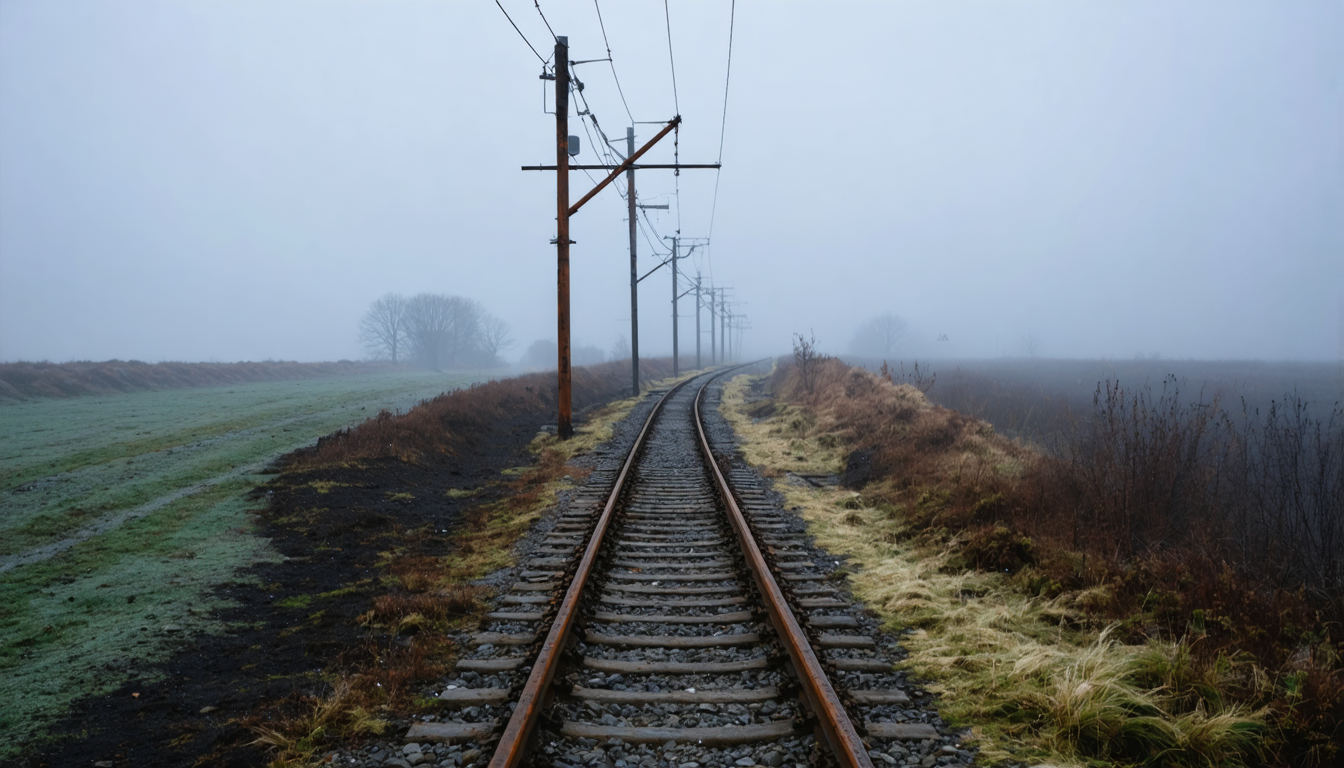 A disused railway line curving into fog, iron rails rusting between wild grass under grey northern light.