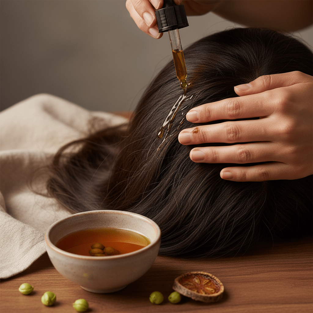 Healthy hair being gently oiled with amla seed oil