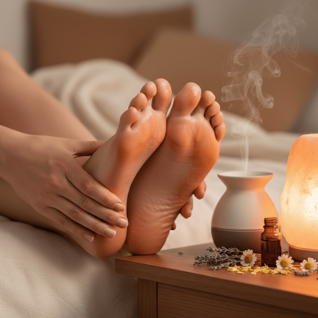 Close-up of feet being massaged with herbal oil in a calming bedtime ritual