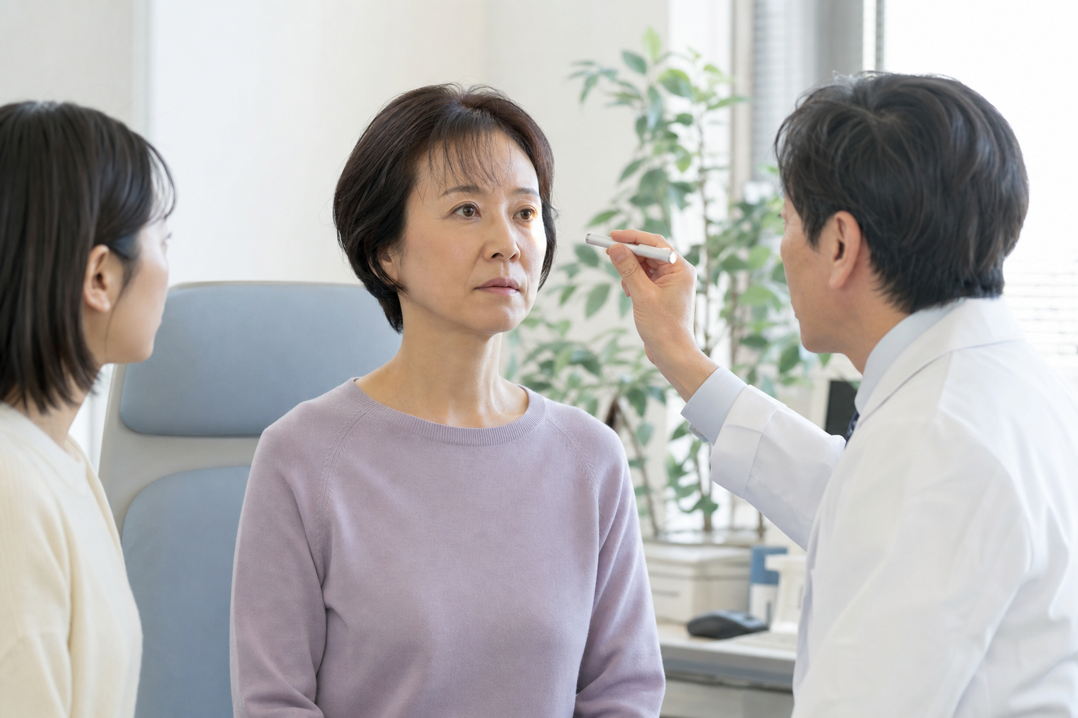 医療機関で目と顔の状態について診察を受ける様子