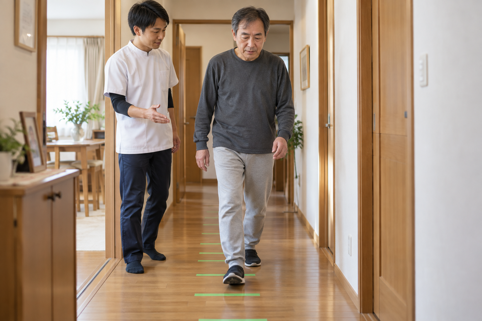 自宅廊下で床の目印を使って歩行練習をする脳卒中後の方