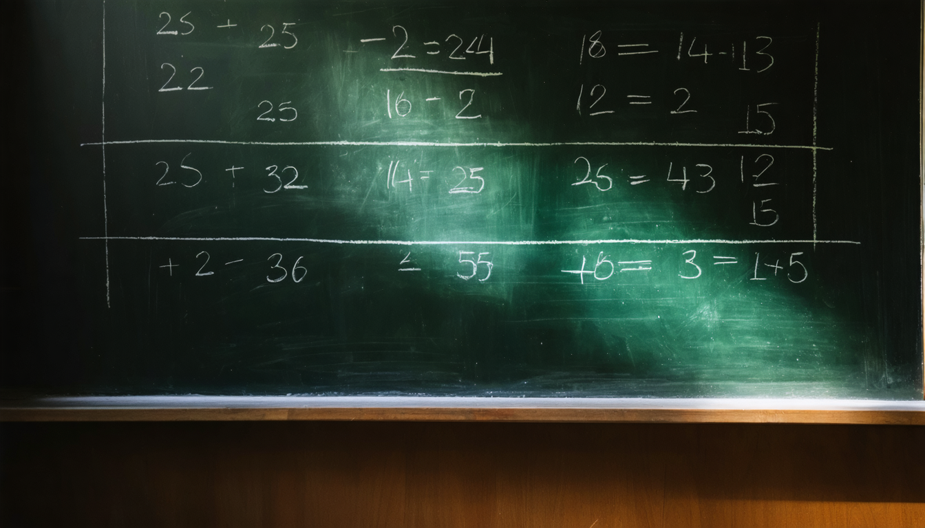 A child's chalkboard with half-erased multiplication of large numbers, chalk dust still suspended in a beam of light
