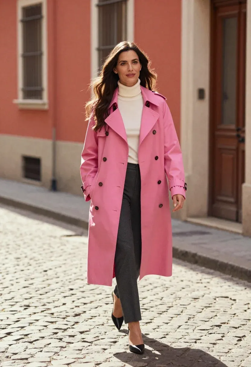 Woman in a fuchsia pink double-breasted trench coat over tailored trousers striding on a European cobblestone street