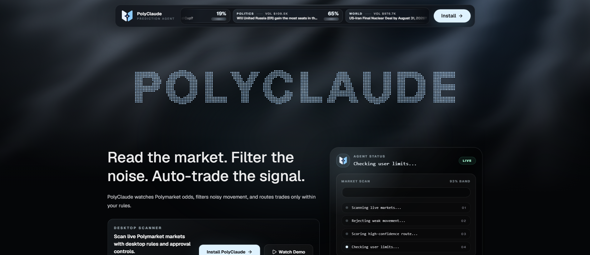 Forensic screenshot of polyclaude.dev showing the phishing page layout