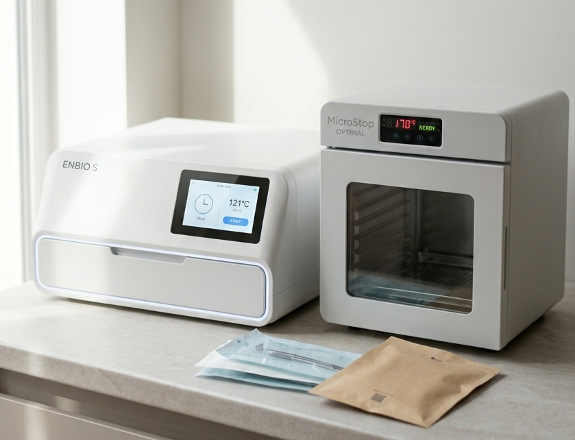 Steam autoclave and dry heat sterilizer with sterilization pouches