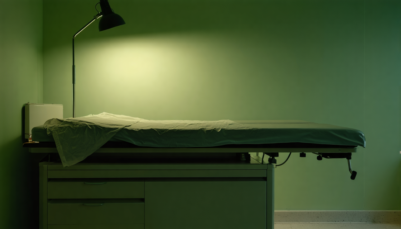 A dim, empty medical examination room at night, one lamp on, paper on the exam table slightly crumpled.