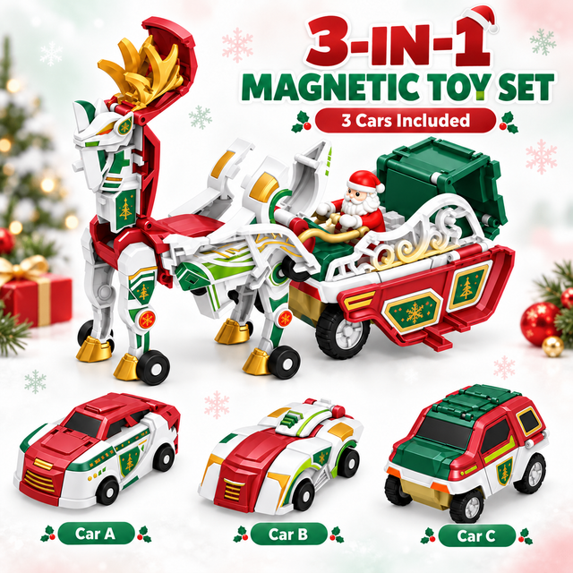 Three-car magnetic Christmas reindeer and sleigh transforming toy set