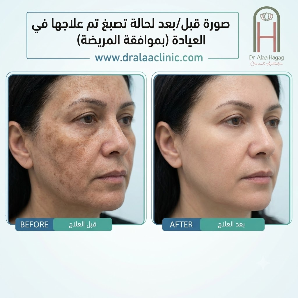 صورة قبل وبعد علاج التصبغات وتوحيد لون البشرة في عيادة د. علاء حجاج
