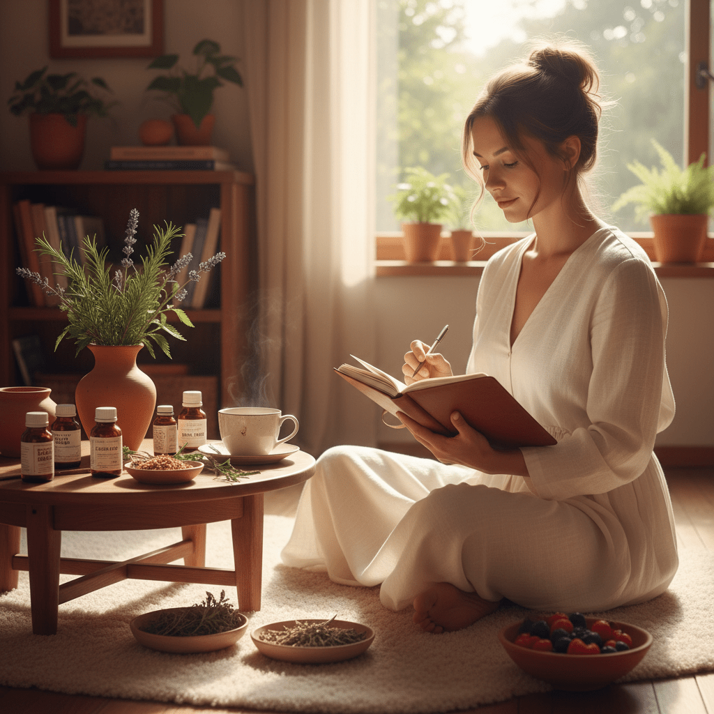 Woman enjoying a relaxing herbal massage in a warm spa-like room