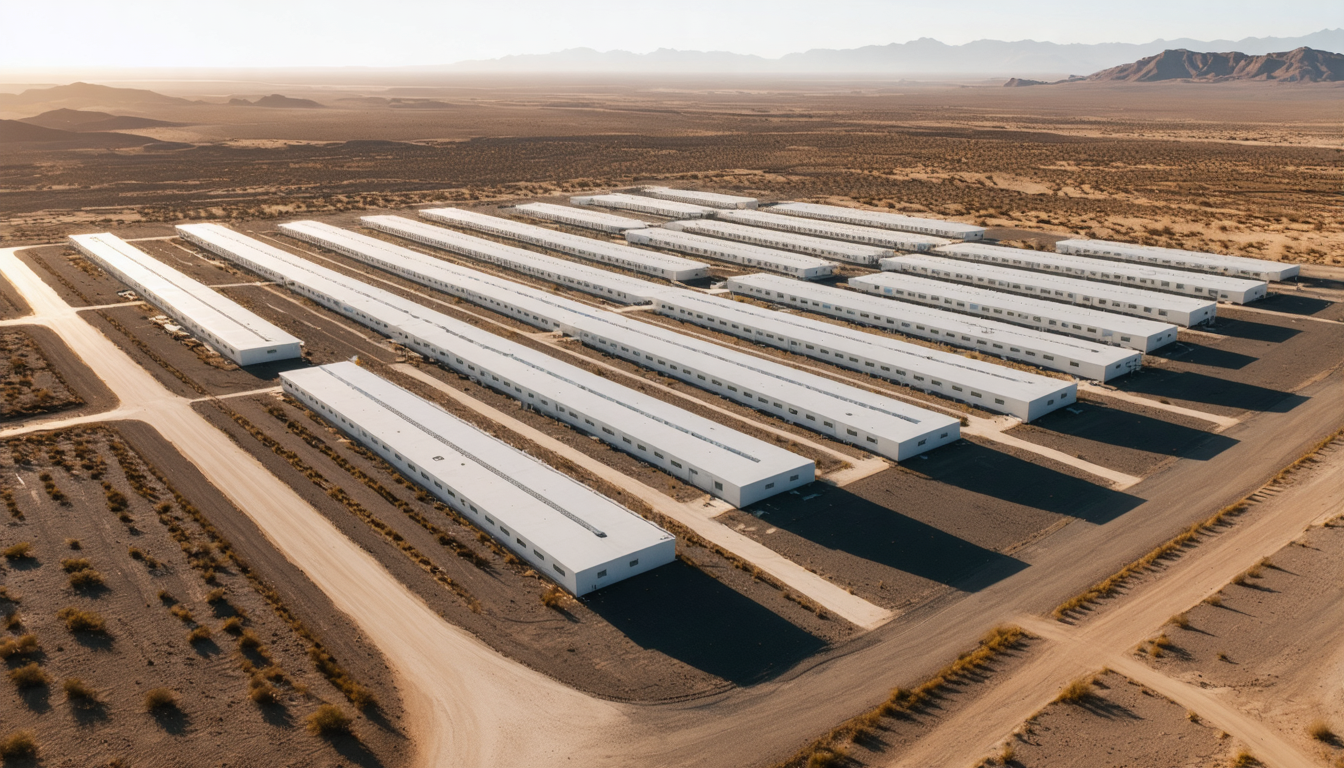 Aerial view of a server farm complex in a desert landscape, its rectangular buildings casting long shadows in late afternoon light.