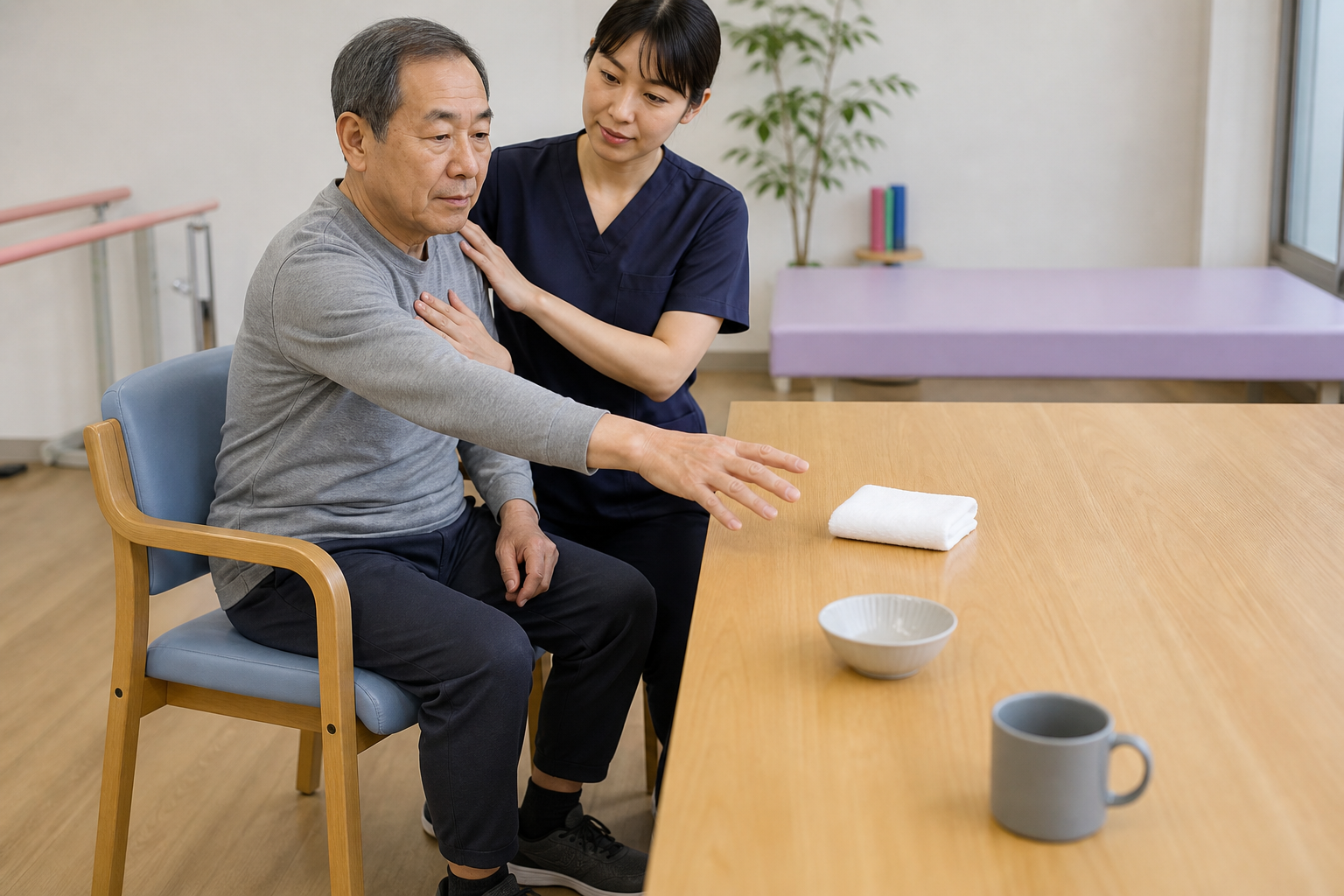 脳卒中後の方が体幹への軽い徒手誘導を受けながら物へ手を伸ばす様子