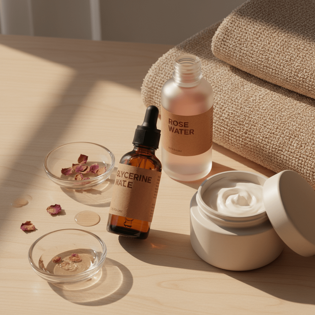 Flat lay of glycerine skincare essentials on a clean vanity